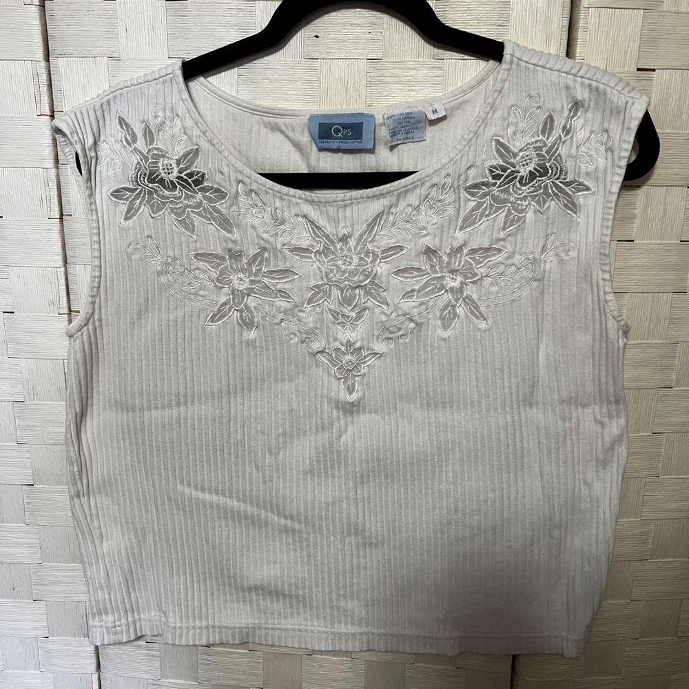 QPS Embroidered Floral 100% Cotton Tank Top‎ Cottage Cropped Casual White Size M